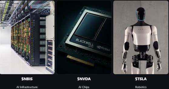 MarketDomias's tweet photo. 3 stocks on my watchlist this week:

$NBIS — AI infrastructure
$NVDA — AI chip dominance
$TSLA — Robotaxi and robotics
AI is still driving the market, but the real money goes to companies that turn hype into growth.
Which one are you buying this week? https://t.co/RrQPC7AAQX