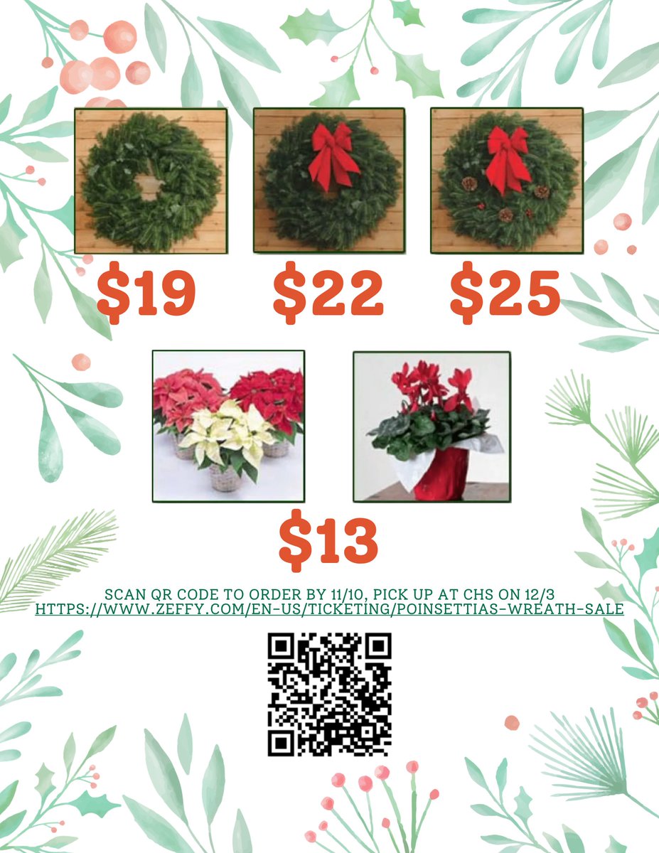 ClarenceMusicD1's tweet photo. The Clarence High School Band Boosters appreciate your support with their annual fundraiser to benefit @CHS_Devils band students. Fresh wreaths & plants make wonderful gifts! Scan the QR to order. Pickup is December 3rd at CHS in the front foyer. #ClarenceProud #RedDevilNation https://t.co/CPykVHSzec