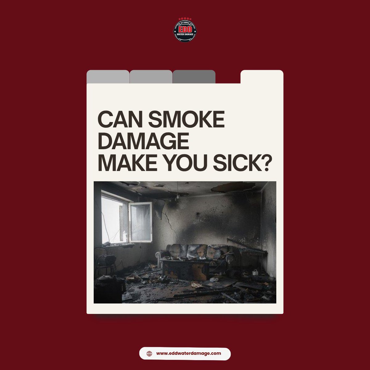 EddWaterDamage's tweet photo. Can smoke damage make you sick?

Yes. After a fire, lingering smoke particles, soot, and chemical residues can irritate your eyes and throat, trigger coughing, headaches, and breathing difficulties.

Even when the flames are gone, hidden contamination may remain. https://t.co/Ldmxz7vjbq