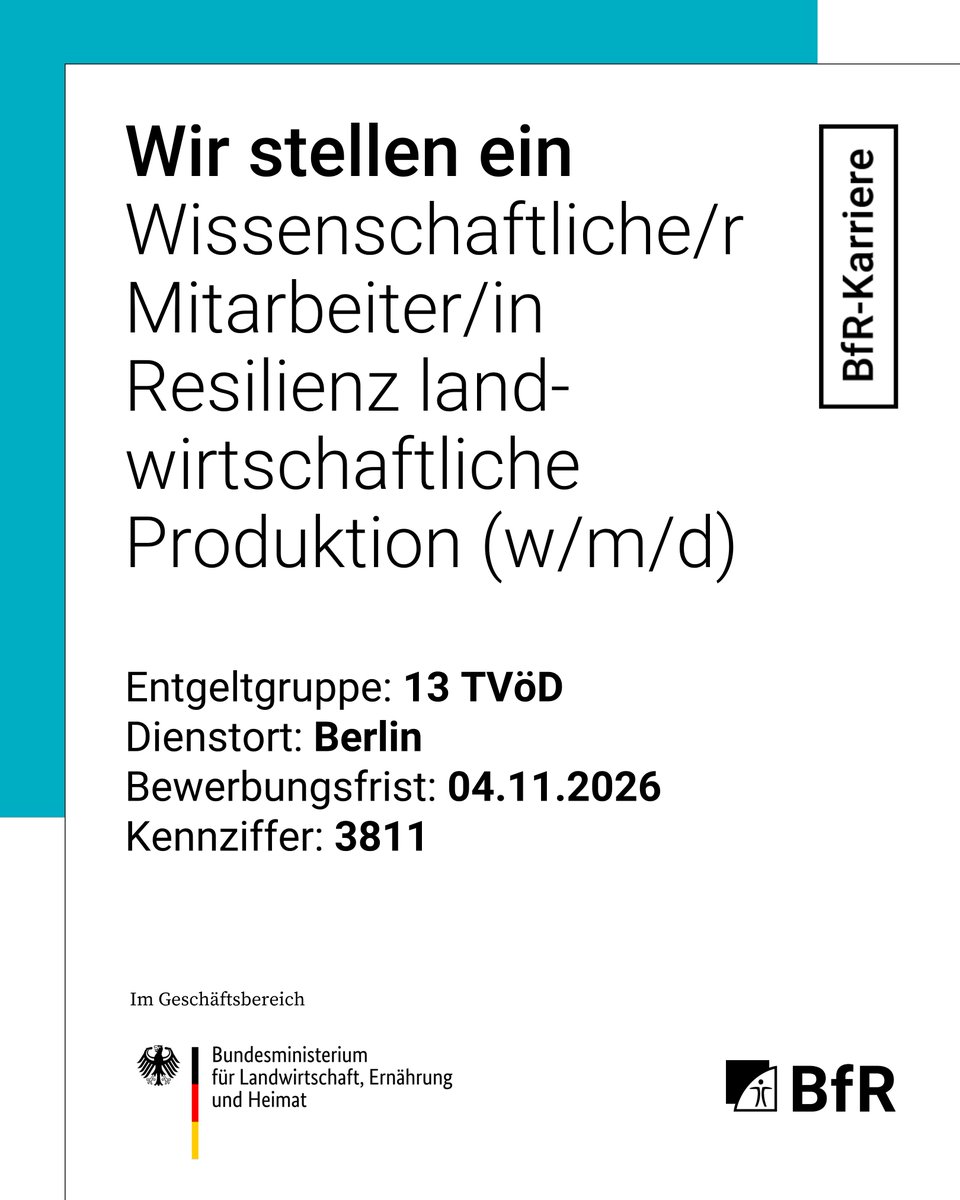 bfrde's tweet photo. 📣 Stelle frei: Wissenschaftliche/r Mitarbeiter/in Resilienz landwirtschaftliche Produktion (w/m/d)

Alle Infos und den Link zum Bewerbungsportal gibt es hier ➡️ https://t.co/tyY5C3pKwS https://t.co/0zBmeGCFGX