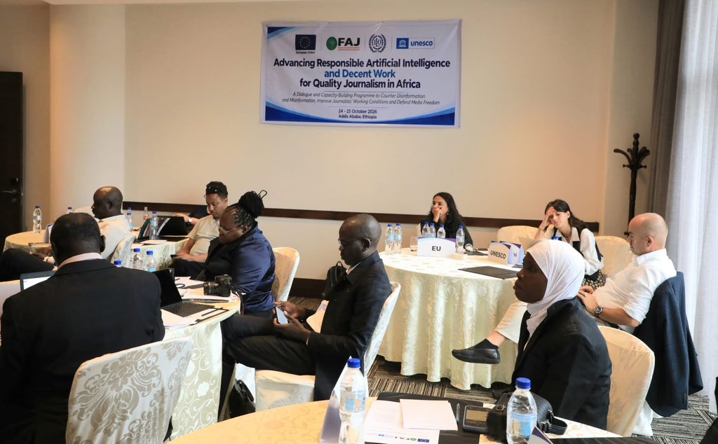 FAJafrica's tweet photo. Responsible Artificial Intelligence (AI), decent working conditions and media freedom are essential for quality journalism in #Africa.

Over the weekend, @FAJafrica brought journalist leaders together in Addis Ababa to discuss how to tackle disinformation and misinformation, improve journalists’ working conditions and make sure AI supports journalists and their work across the continent.

Our sincere thanks to UNESCO for its support through the Multi-Donor Programme (MDP), as well as to the EU and ILO for their invaluable financial support.