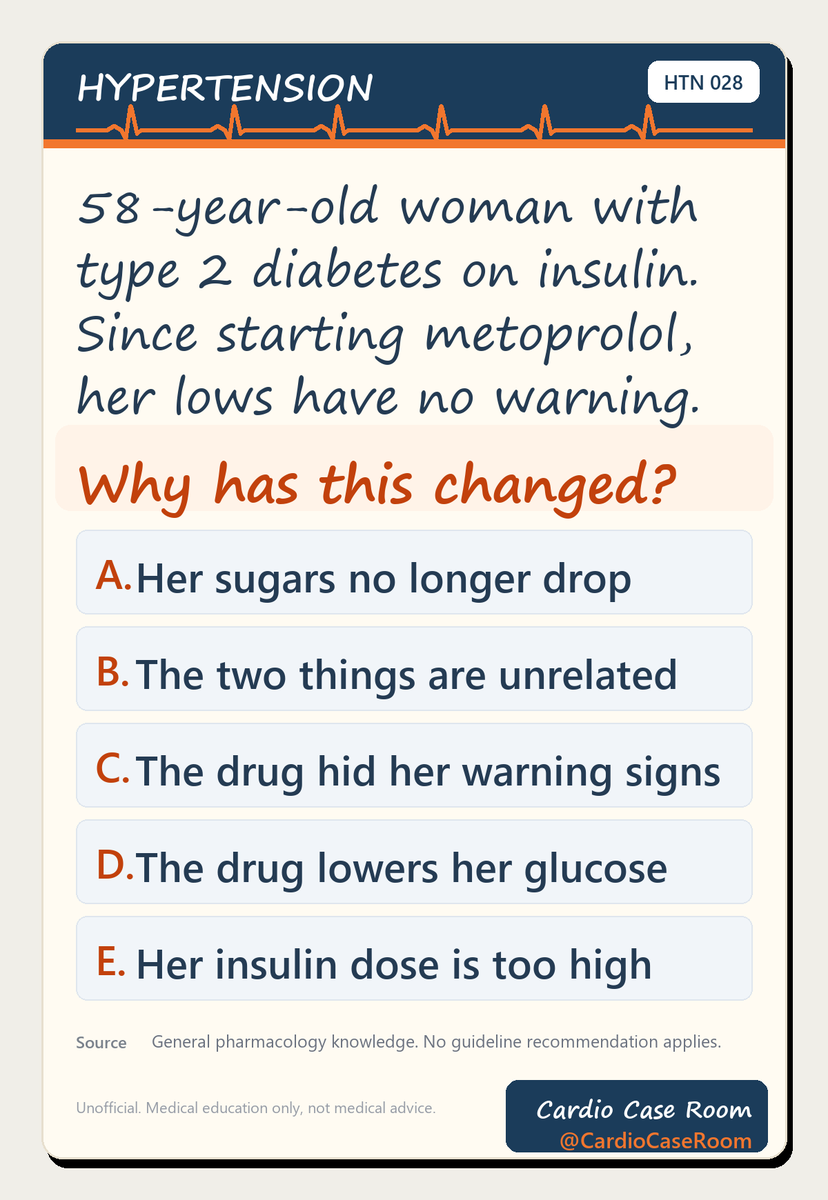 CardioCaseRoom's tweet photo. Case 028 — Her low sugars used to announce themselves. Now they arrive without warning.

Which one did you pick? Case 028

#Cardiology #ClinicalReasoning https://t.co/KJZFSDrPfJ