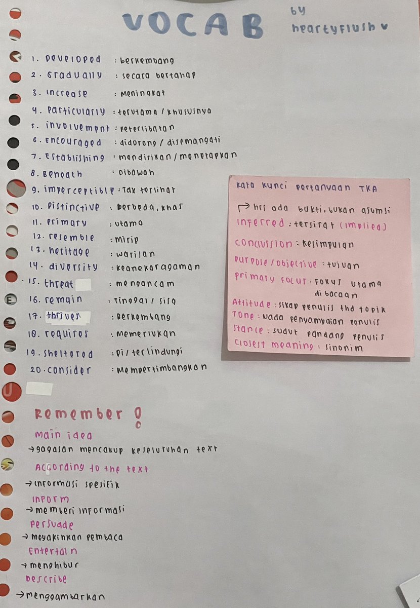 heartyflush's tweet photo. since besok day 2 tka bahasa inggris, aku share cleansheetku/materi belajar 💁🏻‍♀️ ini vocaab yang sering keluar selama aku latsool + ada beberapa yang aku belum tau artinya. semoga membantu yaaa. semangat! 🩷 https://t.co/JZC5z2NKjV