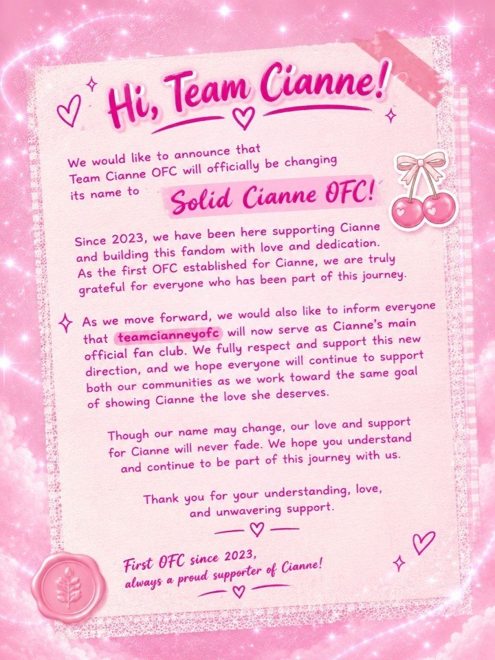solidcianneofc's tweet photo. 𝗥𝗘𝗠𝗜𝗡𝗗𝗘𝗥, 𝗧𝗘𝗔𝗠 𝗖𝗜𝗔𝗡𝗡𝗘! 🩷

Our new name is officially Solid Cianne Official! Let’s stay united and continue supporting Cianne with love and dedication since 2023. 🫶🏻✨

#PBBCollab3point0
#CianneDominguez | CianneDominguez https://t.co/iwu1FuSTIC