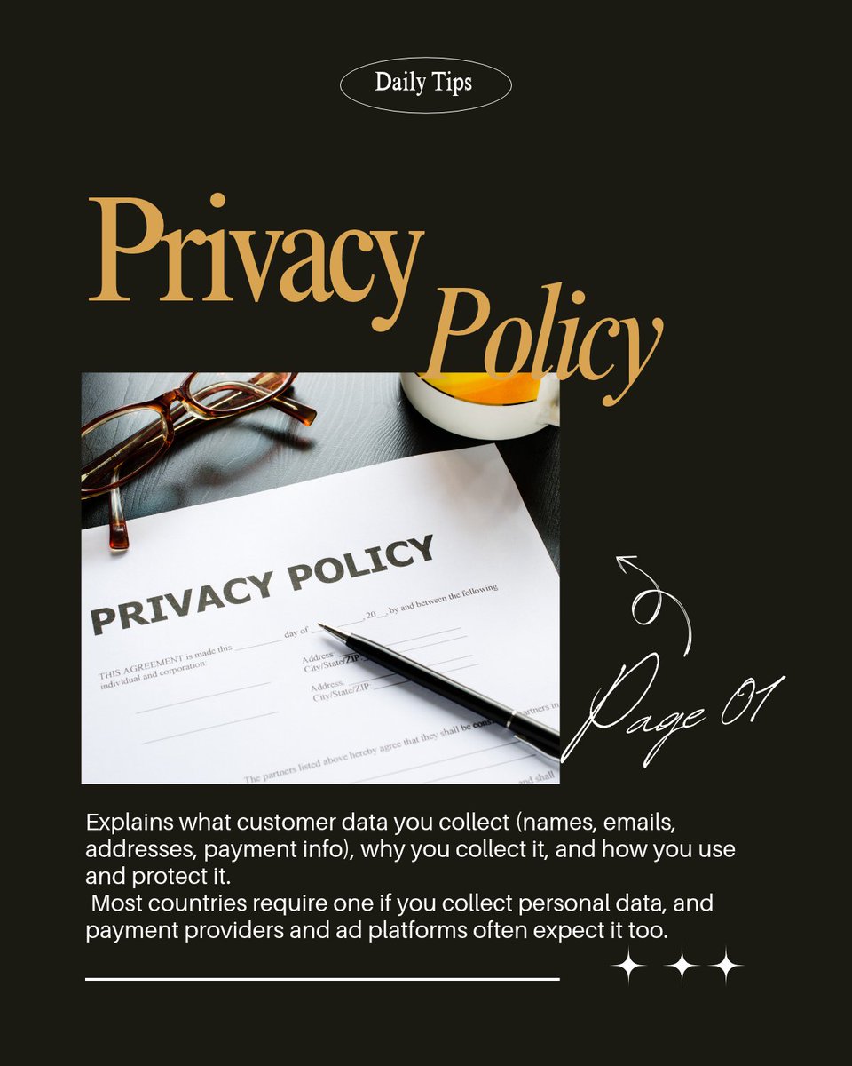 adebayojoy15563's tweet photo. Day 26: Legal Pages Every Store Needs
Policy pages aren’t glamorous, but they protect your store and make customers feel safe buying from you.
Swipe to see the 5 pages every Shopify store needs and how to add them.
#ShopifyTips #EcommerceLegal #ShopifyForBeginners https://t.co/3PUMv3mPPr