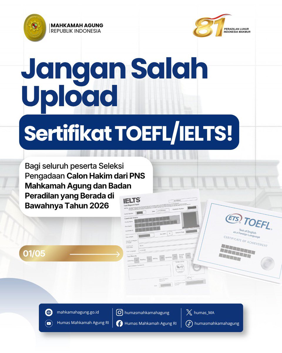 Humas_MA's tweet photo. Sobat MARI, diumumkan bagi seluruh peserta Seleksi Pengadaan Calon Hakim dari PNS Mahkamah Agung dan Badan Peradilan yang Berada di Bawahnya Tahun 2026, pastikan sertifikat kemampuan berbahasa Inggris yang diunggah telah memenuhi persyaratan yang ditetapkan. https://t.co/fIzUUO3oa1