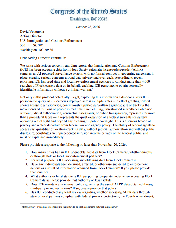 A formal letter on U.S. congressional letterhead, dated October 23, 2026, addressed to an immigration enforcement official. It raises concerns about ICE access to automated license-plate reader data and lists questions requesting a response. A citation appears at the bottom.