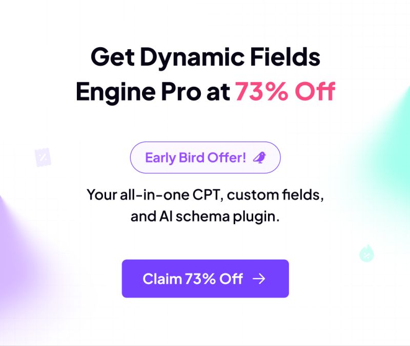 wpmetcom's tweet photo. Dynamic Fields Engine handles it all from one plugin - custom post types, custom fields, taxonomies, listing builder, query builder, relations, and AI-powered schema generation.

🔥 Early bird offer: 73% off Pro https://t.co/q1bmoouCHN

#WordPress #CustomPostTypes #CPT https://t.co/Tk6Vdsd27t