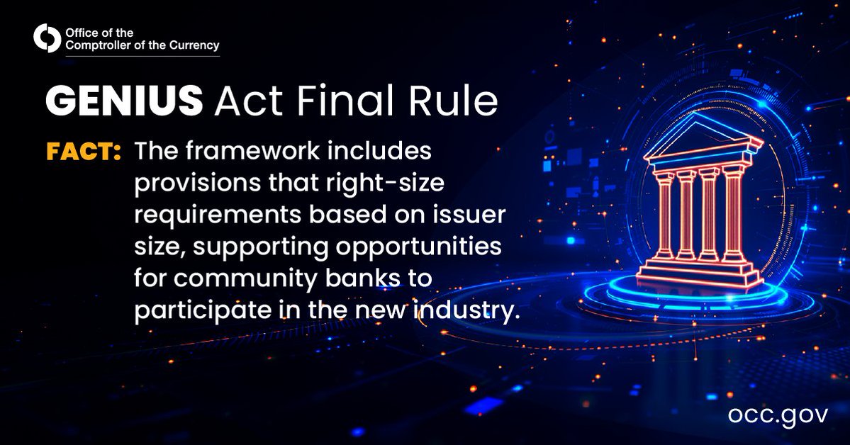 USOCC's tweet photo. The OCC wants community banks to help shape the future of payments and is encouraging the development of payment stablecoin capabilities within the community banking sector. Interested community banks are encouraged to consider applying to become, or for a subsidiary to become, a permitted payment stablecoin issuer, as applicable. These opportunities complement the OCC’s Community Bank Comeback initiatives to right-size regulation and tailor supervision so community banks can grow, compete, and continue serving their communities. https://t.co/e2YOVjynUN