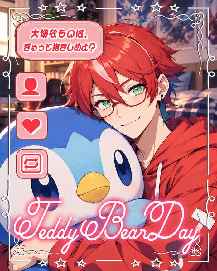 _kouya_natsu's tweet photo. 🧸おはよーん🧸

今日はテディベアの日だよ～！
小さいときは家にテディベアいたな～
今はめちゃでかポッチャマがいる！

みんなは好きなぬいぐるみある？

#おはようVtuber #テディベアの日 https://t.co/flXRXBboGs