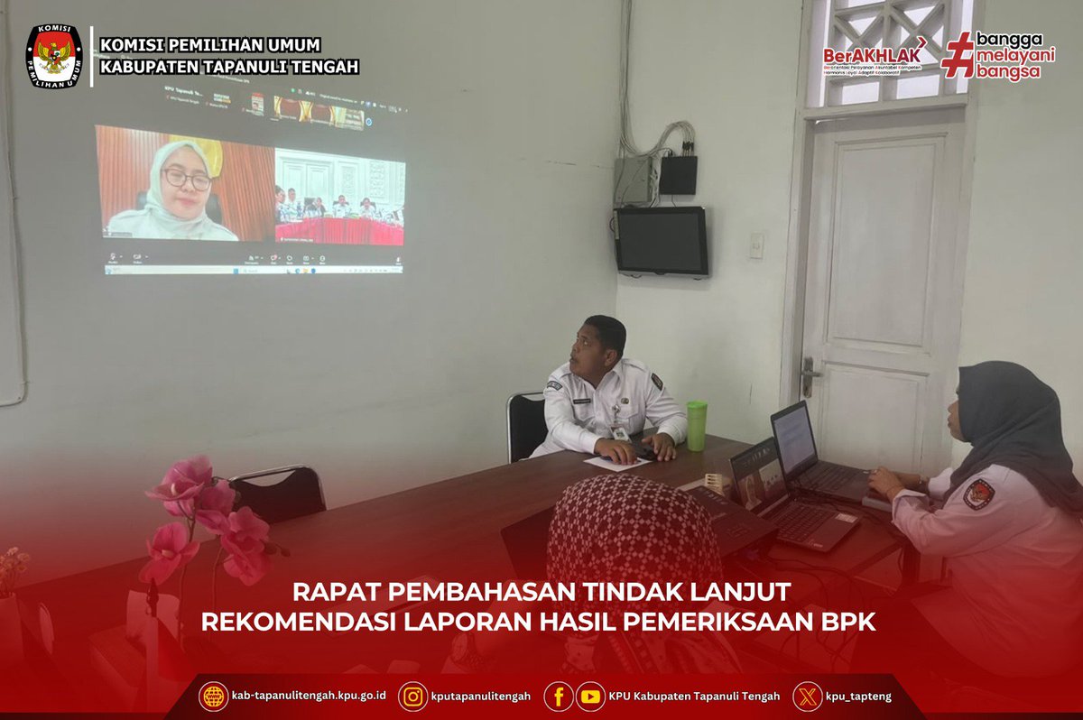 kpu_tapteng's tweet photo. Komisi Pemilihan Umum (KPU) Kabupaten Tapanuli Tengah mengikuti Rapat Pembahasan Tindak Lanjut Rekomendasi LHP BPK pada Satuan Kerja KPU Provinsi/KIP Aceh dan KPU/KIP Kabupaten/Kota, Senin (26/10/2026). https://t.co/0EhPsK9VPX