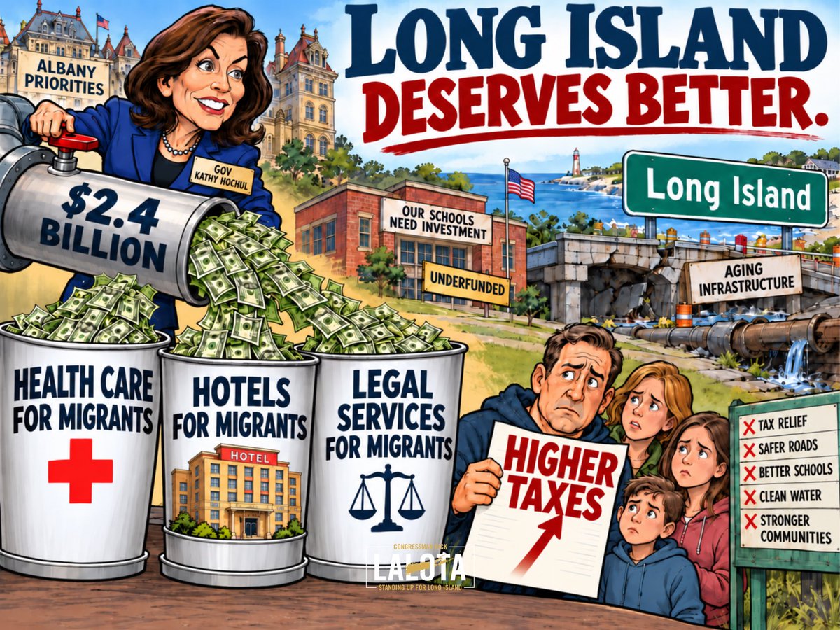 RepLaLota's tweet photo. $2.4 billion. That’s what Governor Kathy Hochul’s FY2025 budget allocated to migrant health care, hotels, and legal services.

Those taxpayer dollars could instead have supported classrooms, infrastructure improvements, and tax relief for hardworking New York families.

Every dollar in Albany’s budget reflects a choice about priorities. Governor Hochul’s budget makes hers clear.