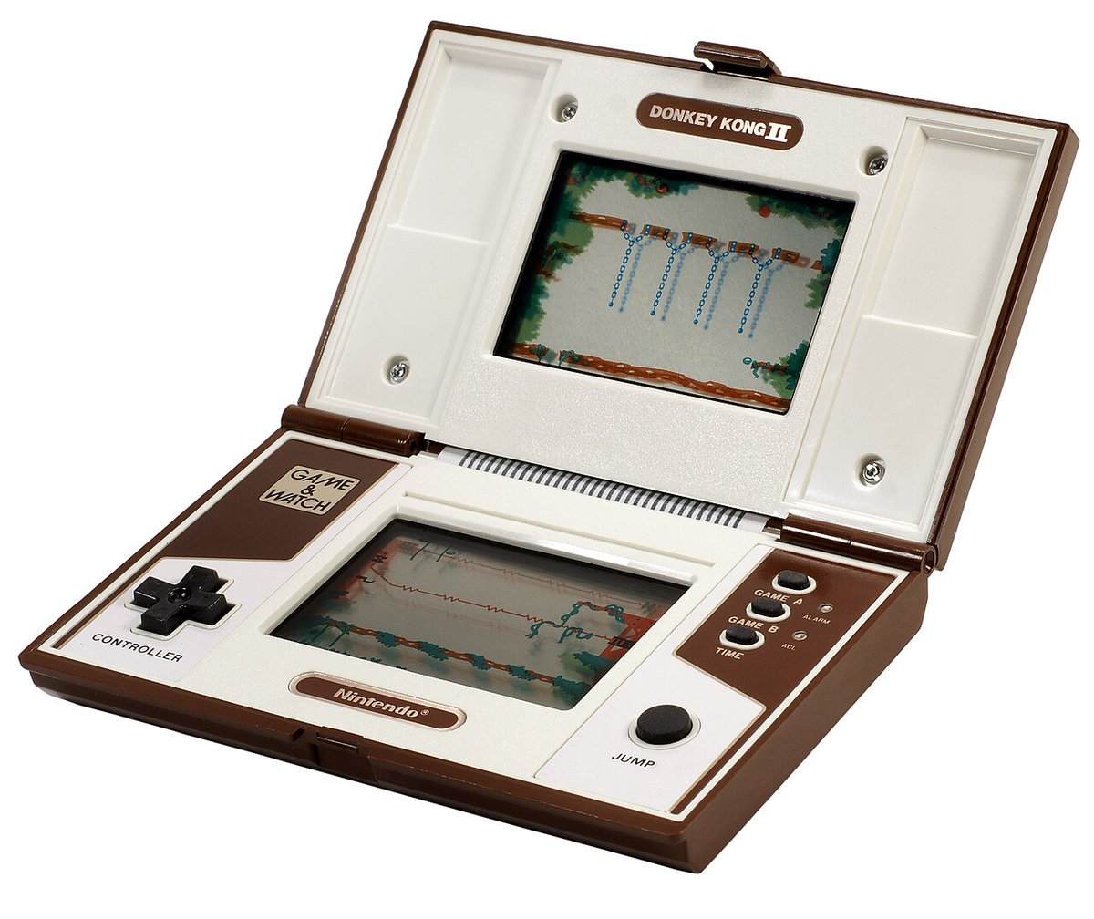 ObsoleteDaily's tweet photo. Nintendo's first handheld hit came from watching a bored businessman play with a calculator.

The Game & Watch was a line of pocket games with LCD screens that Nintendo launched in 1980. Each played a single game and doubled as a clock, hence the name. Nintendo sold about 43 million of them.

Designer Gunpei Yokoi got the idea on a bullet train, where he saw a salaryman killing time by pressing buttons on a calculator. One day Nintendo president Hiroshi Yamauchi's driver was out sick, so Yokoi drove him to a meeting and pitched a small game adults could play discreetly. In 1982, the Donkey Kong Game & Watch introduced a cross-shaped directional pad. Nintendo put it on the NES controller, and nearly every game controller since has had one.