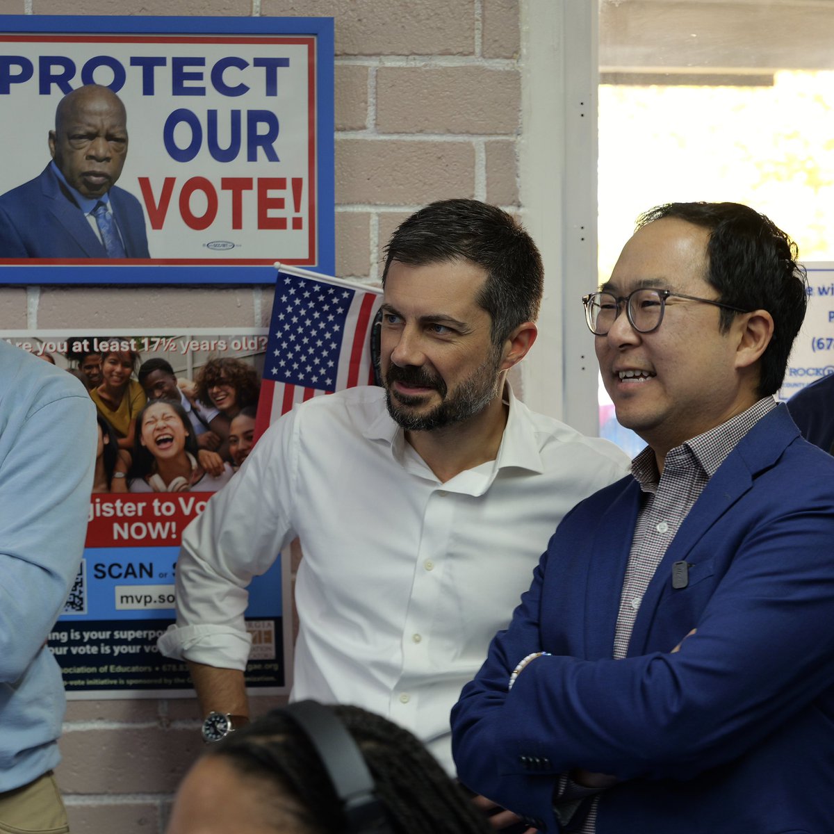 AndyKimNJ's tweet photo. It was great joining my long time friend @PeteButtigieg in Georgia with a visit to Conyers to help fire up volunteers. This community is so excited to help deliver Georgia for Democrats and lift up next generation leaders like @jasmineforga and @ossoff to Congress. https://t.co/Q3WmDJwnxW