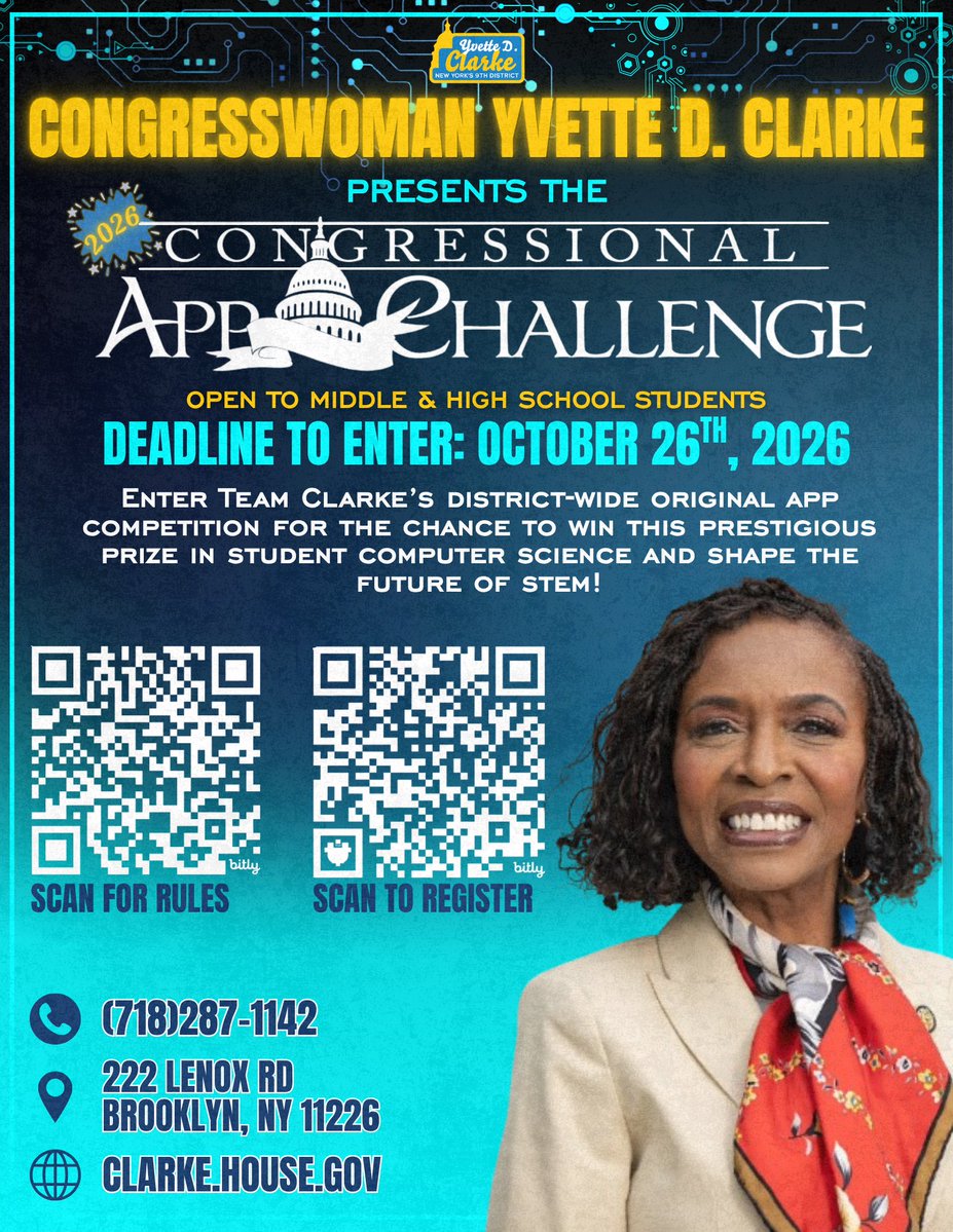 A colorful promotional flyer for a congressional app challenge aimed at middle and high school students. It features a portrait of a smiling woman, two QR codes, technology-themed graphics, and contact information. Text appears throughout.