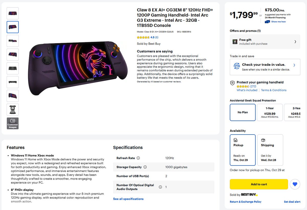 HandheldDeals's tweet photo. MSI Claw 8 EX AI+ is back in stock at Best Buy

Still out of stock at Newegg and MSI.

https://t.co/r22kbnw6Ah

#aff https://t.co/2zfuNE2kgF