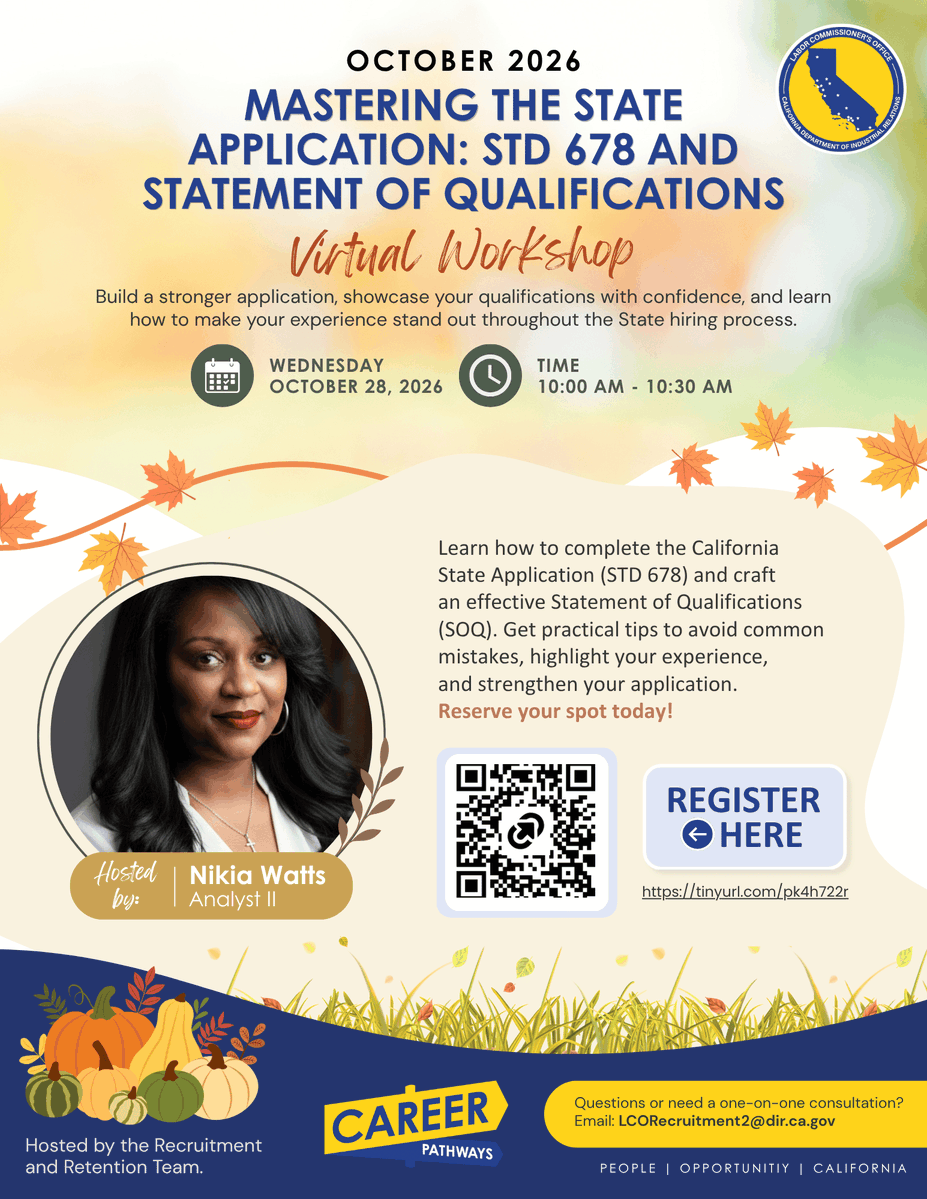 CA_DIR's tweet photo. 💡 Join the Labor Commissioner’s Recruitment and Retention Team for a Virtual Workshop! 💡

📲 Register now: https://t.co/eaSGuAJ9ML

We look forward to seeing you there!  

#Hiring #Webinar #JobSearch #CAStateJobs #Work4CA #LCORecruitment https://t.co/6v0uNLWGVw