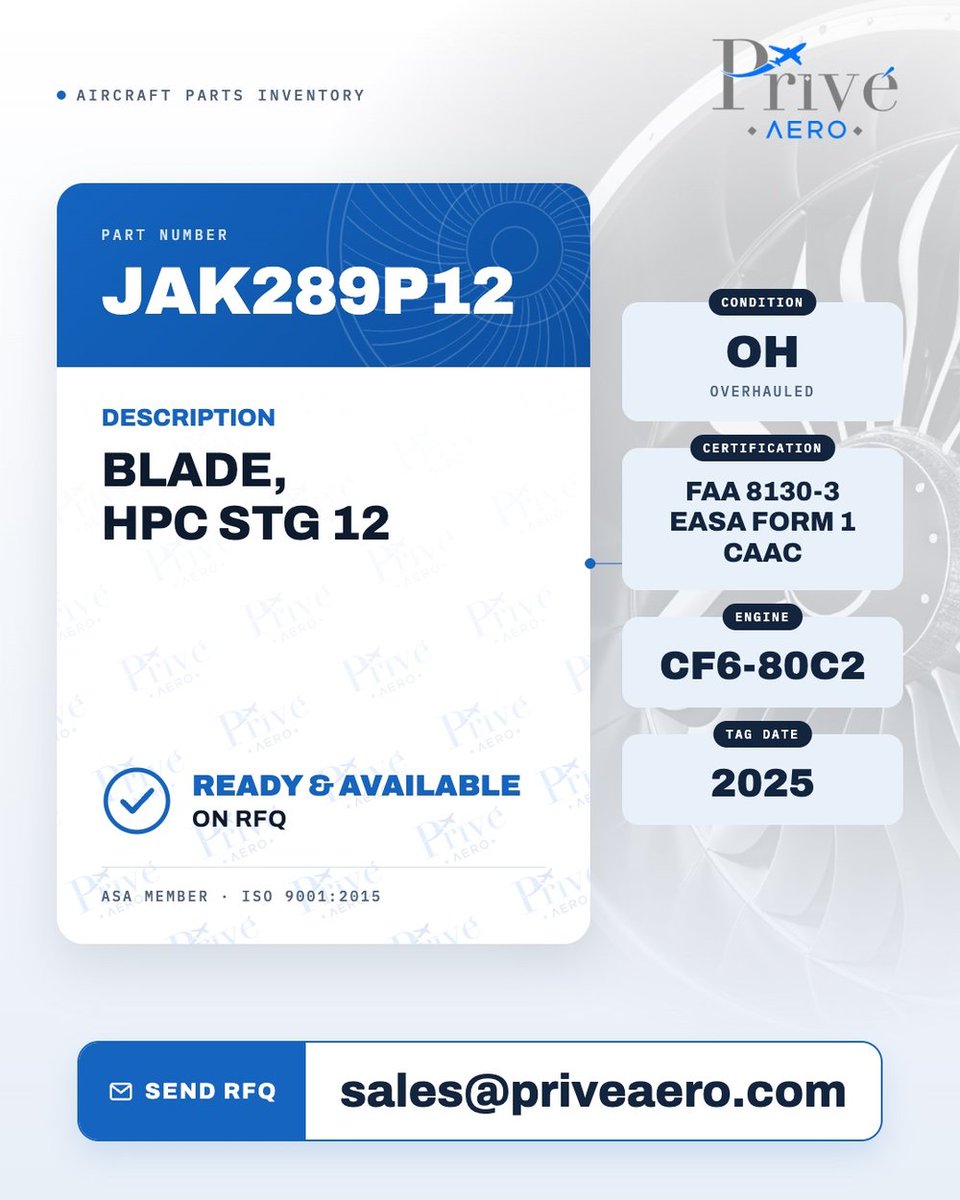 priveaero's tweet photo. Now listed: P/N JAK289P12 ✈️
BLADE, HPC STG 12
Overhauled (OH) · FAA 8130-3 / EASA Form 1 / CAAC · CF6-80C2
👉 https://t.co/kw1fNKR4uS
📩 Have an RFQ? Send it to sales@priveaero.com
#CF6 #JetEngine #AviationMaintenance https://t.co/KEjpIot3ki