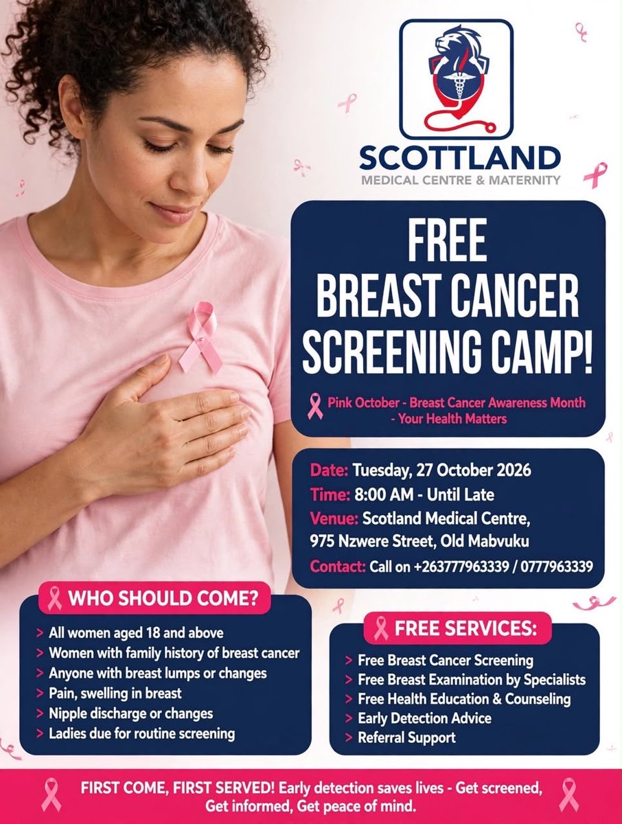Zim_trending_'s tweet photo. 🏥 YOUR HEALTH, YOUR PRIORITY!
Tomorrow, make time for your wellbeing! Visit Scottland Medical Centre, Mabvuku, for FREE breast cancer screening, eye tests, treatment and cataract surgery. Early arrival is encouraged!
#PinkOctober #Mabvuku #HonScott https://t.co/MHTVbfdyxP
