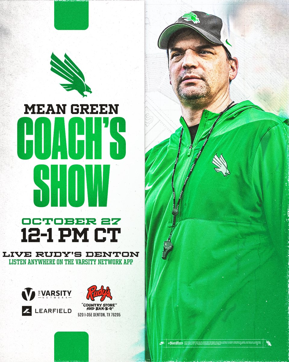 MeanGreenFB's tweet photo. Reminder that the Mean Green Coach's Show is TOMORROW (Oct. 27) at 12 p.m. CT, live from @rudysbbq in Denton‼️

This week's guests are head coach @Coach_NealBrown, along with Grayson O'Bara &amp; Brenden Reese! 🏈🏟️

See everyone there! 

#GMG🦅 https://t.co/QEFHaWHH48