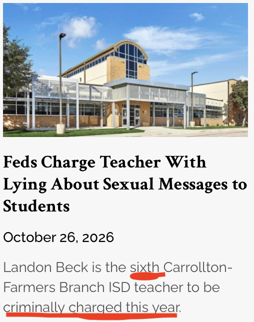 MQSullivan's tweet photo. You folks living in the @CFBISD should be begging the state to take over your school district ... You have now had SIX teachers criminally charged this year. There is something definitely NOT RIGHT in the management of your school district. https://t.co/k32OrEWE8d