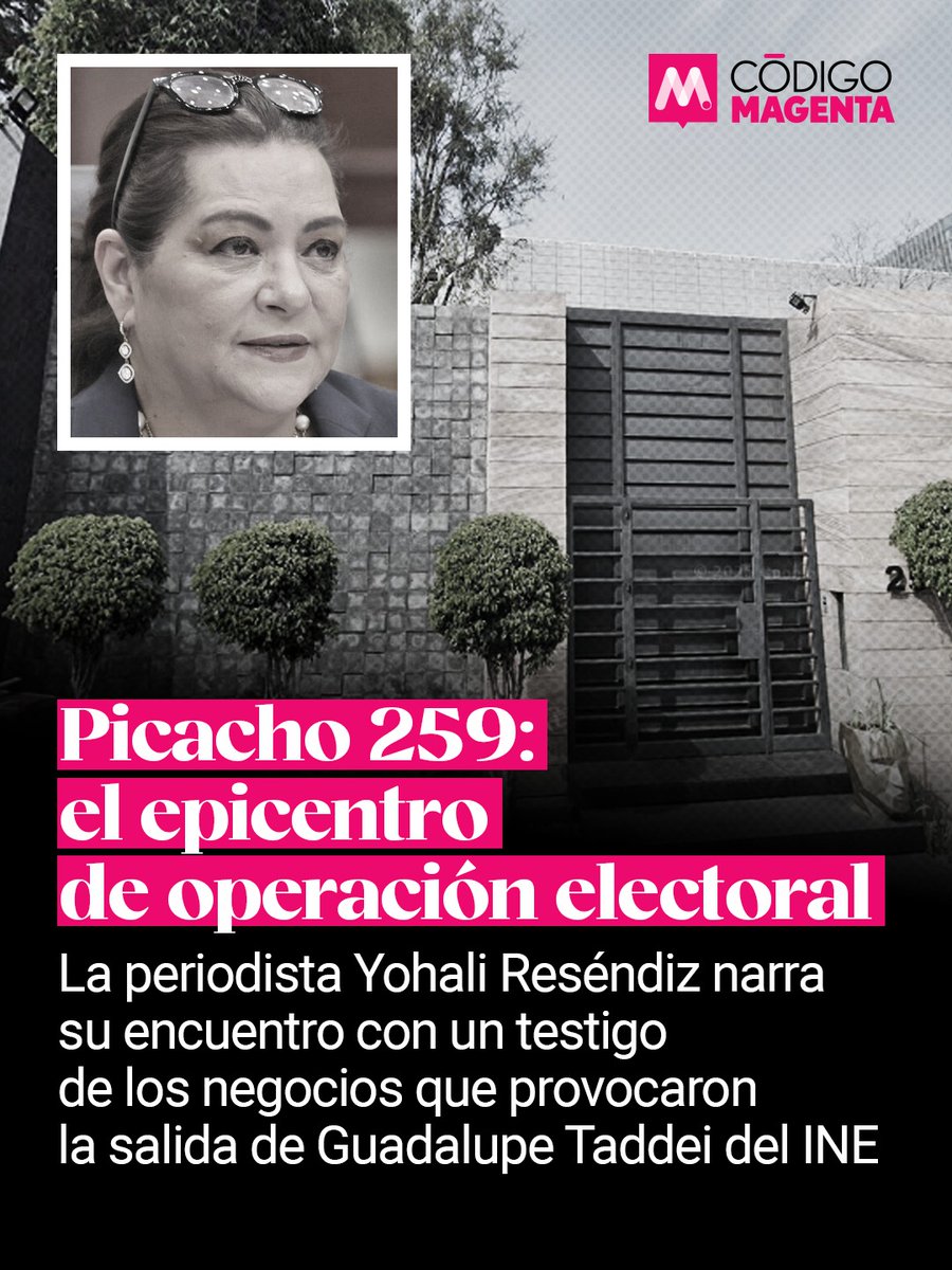 CodigoMagentaMx's tweet photo. ⭕️ #Picacho259: el epicentro de operación electoral

🔹La periodista @yohaliresendiz narra en la plataforma @Opinion_51  su encuentro con un testigo de los negocios que provocaron la salida de #GuadalupeTaddei del @INEMexico

➡️ Por Yohali Reséndiz

▪️ Acepté el encuentro. Él puso sus condiciones y yo las mías. Se subió a mi vehículo para responder mis preguntas sobre Guadalupe Taddei, José Alfredo Hernández Casillas y una casa en Jardines del Pedregal. Llegó con un pasamontañas, lentes oscuros y guantes.

▪️ Me buscó por correo, periodismoatodaprueba@gmail.com, tras la difusión del video de Guadalupe Taddei con José Alfredo Hernández Casillas.

▪️ Quería hablar. Pidió que llegara sola y que no grabara su voz. Mi condición fue tomar notas, el tiempo que me llevara escribir, pues necesitaría registrar nombres, fechas, cantidades y afirmaciones que después tendría que contrastar.

▪️ Aceptó.

▪️ Le pedí que las citas fueran en el estacionamiento de Perisur, frente a El Palacio de Hierro, con vista hacia Periférico. Él me dio entonces instrucciones precisas: llegar con las intermitentes encendidas y estacionarme. Al terminar el encuentro, yo esperaría cinco minutos para encender el automóvil y salir.

▪️ Acepté las condiciones del encuentro. Jamás fui escéptica, pero la credibilidad de su denuncia tendría que ganársela con información que pudiera verificar.

▪️ Después de esa primera reunión le pregunté si le incomodaba que hiciera públicos los detalles de nuestro encuentro. Respondió: “Sin problema”, autorizándome a contarlo.

▪️ No fingiré que sus precauciones probaban su historia. Hay quienes exponen su rostro y mienten o viceversa. Mi trabajo ha sido escuchar, preguntar y comprobar que toda esa información puede sostenerse.

▪️ Una de las entrevistas duró más de tres horas. La cabeza me explotaba. Durante varios encuentros hablamos de datos, contratos, cantidades, ligas, nexos, nombres y estados. Después de cada entrevista, llegaba a ordenar la información que había obtenido y me ponía a investigar y contrastar. Con eso preparaba las preguntas del día siguiente. Él respondía, aclaraba o descartaba lo que le planteaba.

▪️ Según mi testigo, en Picacho 259 celebraban reuniones para negociar respaldos a aspirantes a consejerías de los organismos electorales estatales y se entregaba dinero en efectivo relacionado con contratos.

▪️ En ocasiones antes o después de nuestros encuentros, me dirigí a Picacho 259 para recorrer la zona y la calle. Observé la fachada beige y café, la reja oscura, el acceso vehicular a desnivel, los escalones y los árboles al frente; carros de lujo aparcados con choferes y escoltas.

▪️ La operación se centraba en un hombre: José Alfredo Hernández Casillas, quien, aseguró el testigo, promovía aspirantes con el respaldo de Guadalupe Taddei, la consejera presidenta del INE. Una vez que llegaban a las consejerías, personas de su entorno, incluso familia, gestionaban contratos para proveedores. El empresario decidía qué empresa cobraría y quién produciría los materiales. Las facturas y las presuntas entregas privadas de dinero, sostiene, llegaban a Picacho 259.

▪️ Ese es el corazón de la denuncia.

▪️ Si bien la designación de consejerías corresponde al Consejo General del INE, el testigo atribuye a Guadalupe Taddei una intervención para impulsar determinados perfiles y compromisos. Habría mucho trabajo: revisar las propuestas, votaciones y actuaciones posteriores.

▪️ En la ruta del dinero señalada aparecen las empresas Cajas Graf, Corporativo ZEG y Litho Formas. El testigo atribuye a José Alfredo un vínculo comercial de maquila y facturación con Litho Formas.

▪️ Mientras conversaba dentro de mi vehículo con mi testigo, el escándalo de una imagen se reproducía una y otra vez: Guadalupe Taddei, la presidenta del INE, celebraba las fiestas patrias con el empresario. @latinus_us difundió el video el 20 de octubre.

▪️ “La noche mexicana fue en Picacho 259”, afirmó mi testigo.

▪️ En la siguiente entrega escribiré de los contratos e importes localizados en organismos electorales estatales: qué se compró, a qué empresas y en qué fechas, las coincidencias, los montos. Explicaré qué representan las 55 designaciones de consejerías y la lista de 88 integrantes, dónde se superponen y por qué importa saber quién ocupaba cada cargo cuando se adjudicó una compra. 

▪️ Haré el cruce durante la permanencia de Guadalupe Taddei en el INE como consejera presidenta y con las empresas que obtuvieron los contratos.

▪️ Ahondaré en el testimonio hasta donde los documentos verificados permitan sostenerlo.

▪️ Ese ha sido el compromiso para quienes me leen en Opinión 51, me escuchan con Pamela Cerdeira en MVS Noticias 102.5 FM o miran mis videos desde cualquiera de mis redes en @yohaliresendiz de esta investigación u otras investigaciones.

▪️ Si usted tiene información que quiera aportarme de este u otro tema, escríbame a periodismoatodaprueba@gmail.com

▪️ Muchas gracias por leer, compartir y acompañar esta investigación.

▪️ La historia de Picacho 259 está siendo escrita y tocará que la presidenta del INE, Guadalupe Taddei, haga su parte: responder públicamente a los señalamientos sobre su presunta intervención y explicar qué controles garantizaron la imparcialidad en las designaciones y los contratos aquí señalados.

▪️ Presidenta Taddei, esta investigación plantea preguntas concretas sobre decisiones y recursos públicos. Su respuesta y los documentos que la respalden también tendrán espacio aquí.