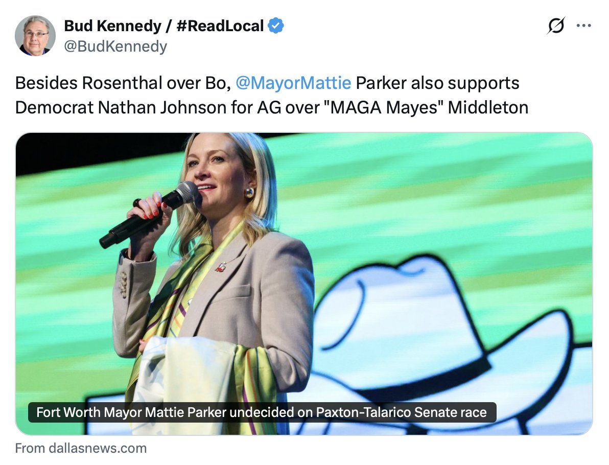MQSullivan's tweet photo. Alternate: @MayorMattie Parker Announces She Has Actually Been A Democrat All Along

More Likely: Parker Realizes No One Will Elect Her To Anything Else, So She Reveals Her True Self