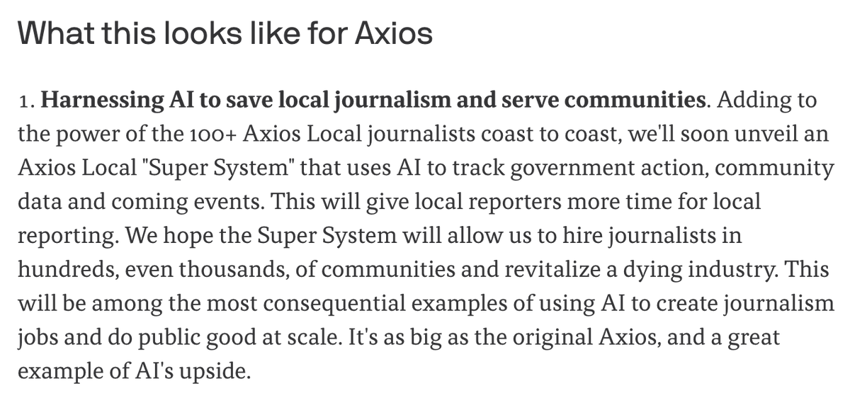 CltLedger's tweet photo. Axios CEO says the company is building an Axios Local "Super System" that "uses AI to track government action, community data and coming events" and will "give local reporters more time for local reporting." https://t.co/1kJTZyN1C3 https://t.co/fNyjjb8zMW