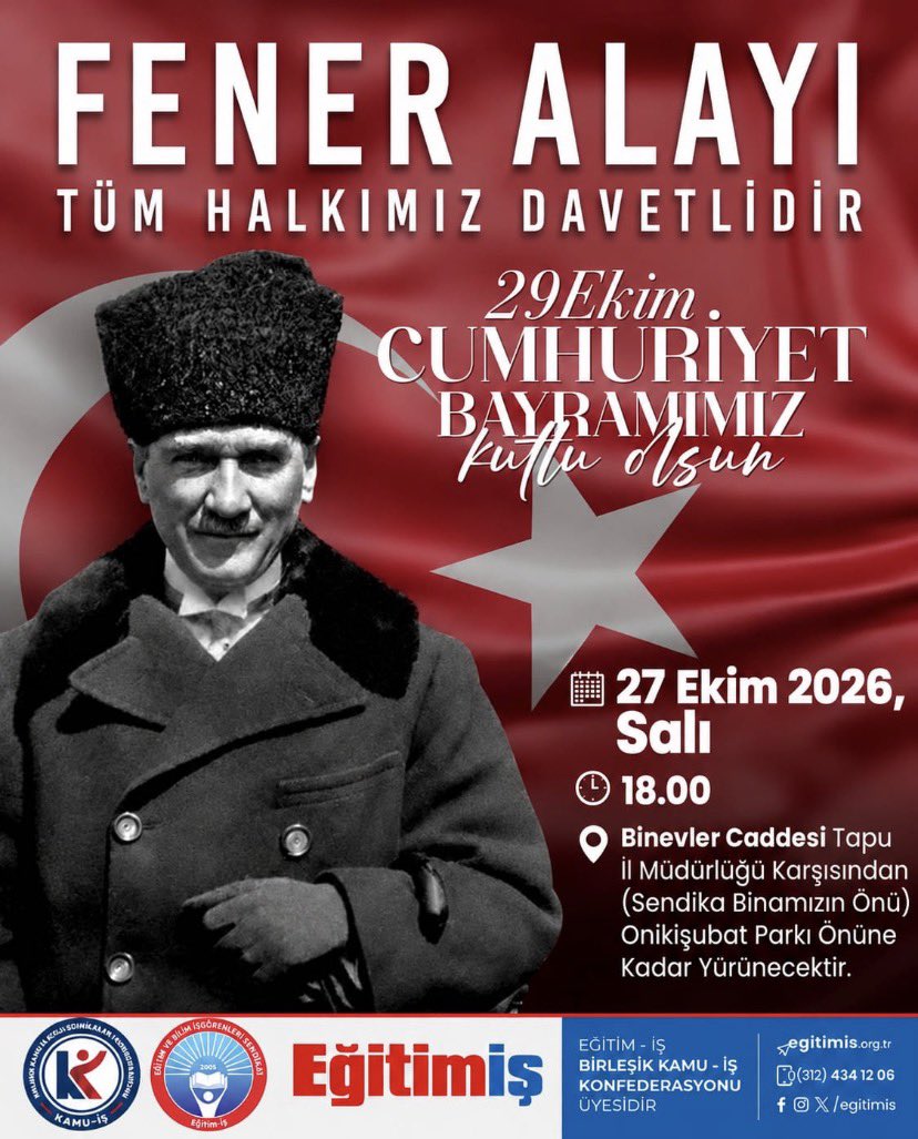 KMarasYeniParti's tweet photo. 🇹🇷 Eğitim-İş Kahramanmaraş Şubesi tarafından düzenlenecek 29 Ekim Cumhuriyet Bayramı Fener Alayı yürüyüşünde, 27 Ekim Salı günü saat 18.00’de biz de yerimizi alacağız.

📍 Binevler Caddesi, Tapu İl Müdürlüğü karşısı

Yaşasın Cumhuriyet! 🇹🇷 https://t.co/GXP7jfTMeY