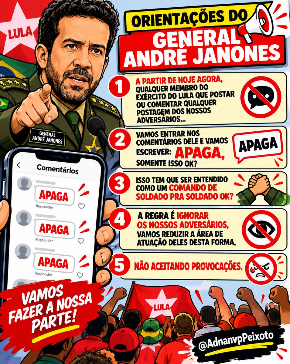 AdnanvpPeixoto's tweet photo. Atualização das regras do comando  do Exército do Lula,orientação do nosso General André Janones senta o dedo e curti, pode respostar cópia e colem nos vossas redes sociais passem a palavra tropa, essa missão vai ditar a redução do campo de atuação dos nossos adversários, prestem atenção .@AndreJanonesMG