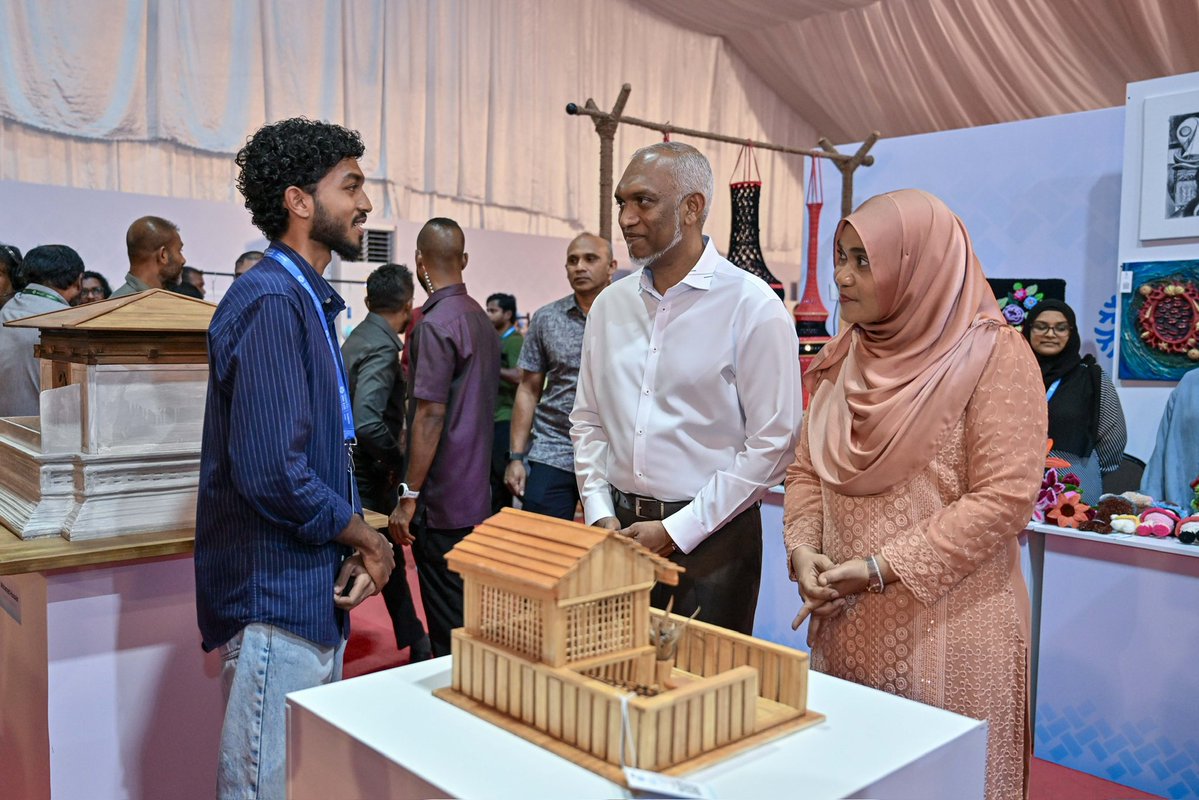 presidencymv's tweet photo. President Dr @MMuizzu and First Lady @sajidhaamohamed visit Maldives Expo 2026, engaging with participating businesses and learning more about their products, services and initiatives. The exhibition highlights the innovation and enterprise of Maldivian businesses across a range of sectors.
