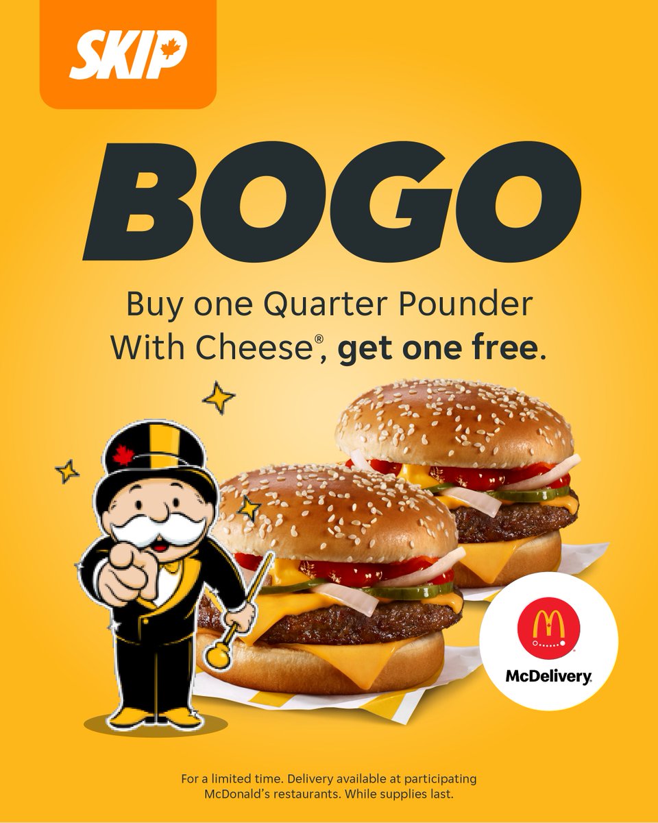 SkipCanada's tweet photo. add this deal to your empire. buy one Quarter Pounder With Cheese®, get another free. only on Skip.

@mcdonaldscanada 🍟 https://t.co/AuMLHWNQXq