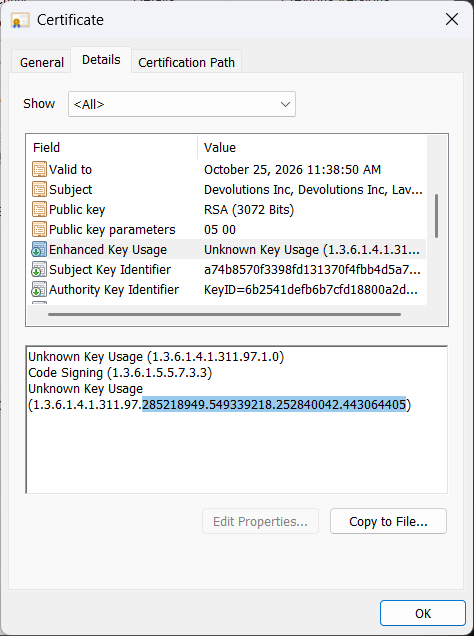 awakecoding's tweet photo. Azure Artifact Signing introduced a stable publisher id inside the certificate that is *perfect* for pinning, but Microsoft didn't follow through. There are no easy ways to inspect this publisher id, either through the GUI, Win32 APIs or PowerShell commands https://t.co/7GIgeoJKqX