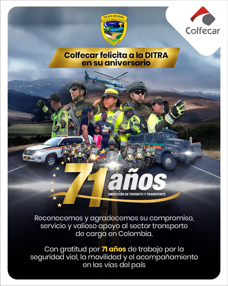 Colfecar's tweet photo. Desde COLFECAR enviamos un saludo muy especial al señor Coronel Edwin Orlando Correa Correa comandante de @TransitoPolicia en el aniversario 71 de esta importante institución para los transportadores de carga del país, agradecemos y valoramos la entrega y vocación de servicio de los hombres y mujeres de la DITRA. 

@PoliciaColombia 
@MinTransporteCo 
@mindefensa