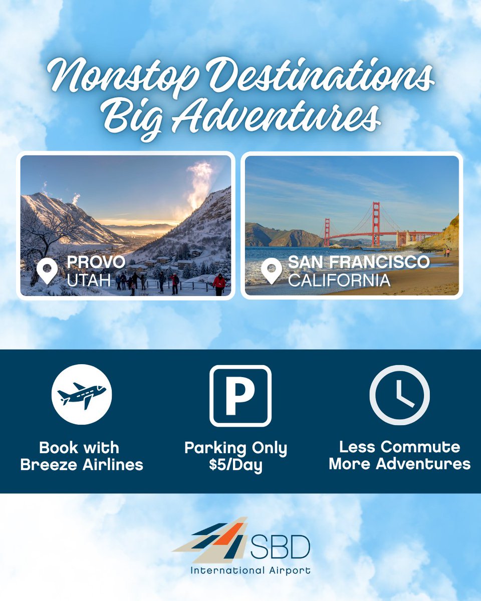 SBDAirport's tweet photo. ✈️Fly nonstop from SBD to 🏔️Provo, Utah, or 🌉San Francisco, California. Enjoy affordable fares, daily parking for just $5/day, and less time in traffic - more time for memories. #FlySBD #FlyLocal #TravelMore https://t.co/dtIVMFq6FS