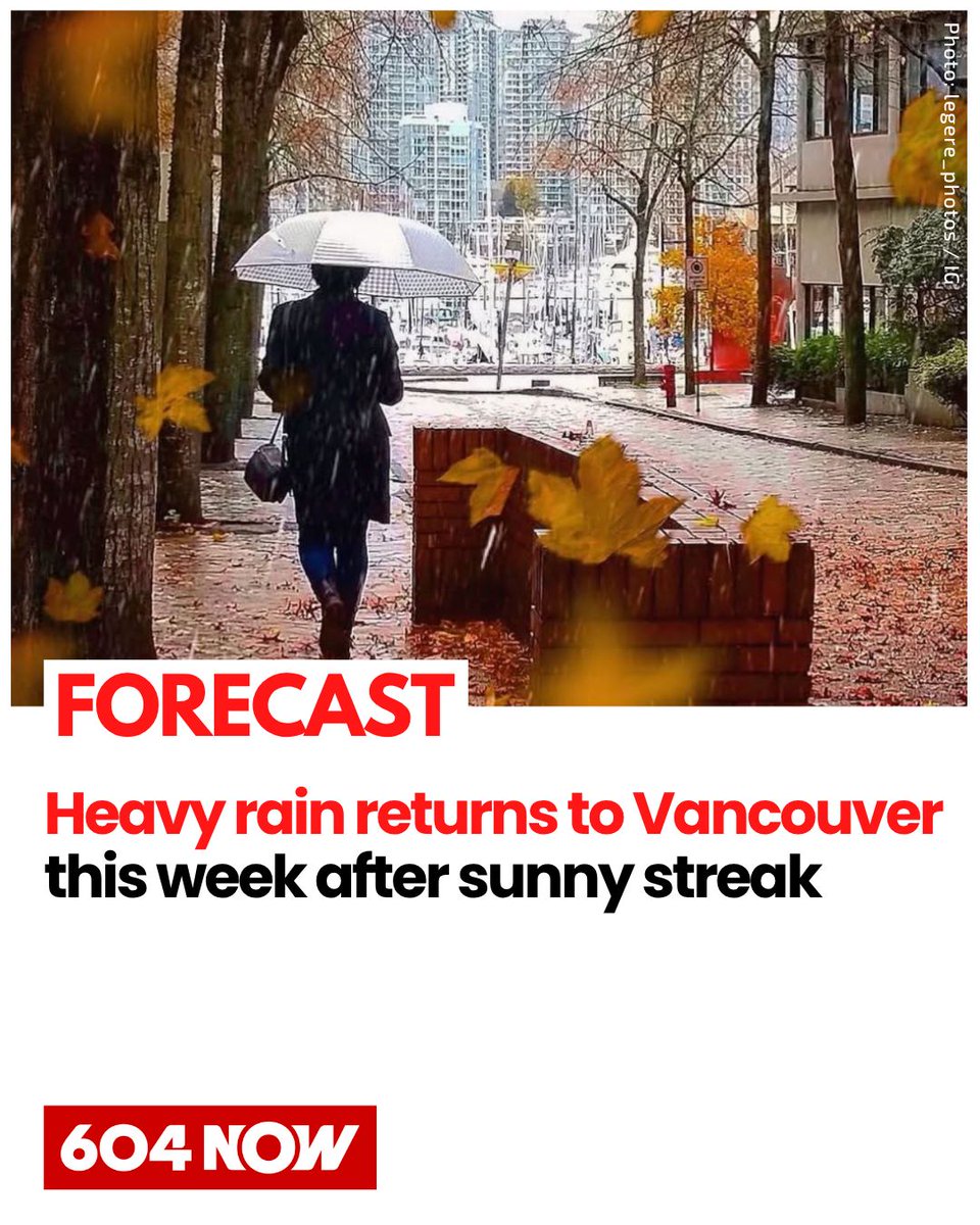604Now's tweet photo. More rain is headed for Metro Vancouver this week. Showers return Tuesday, with a windy Tuesday night followed by more rain Wednesday and Thursday. Environment Canada currently expects conditions to improve by Friday. https://t.co/oQXgN9yrOn