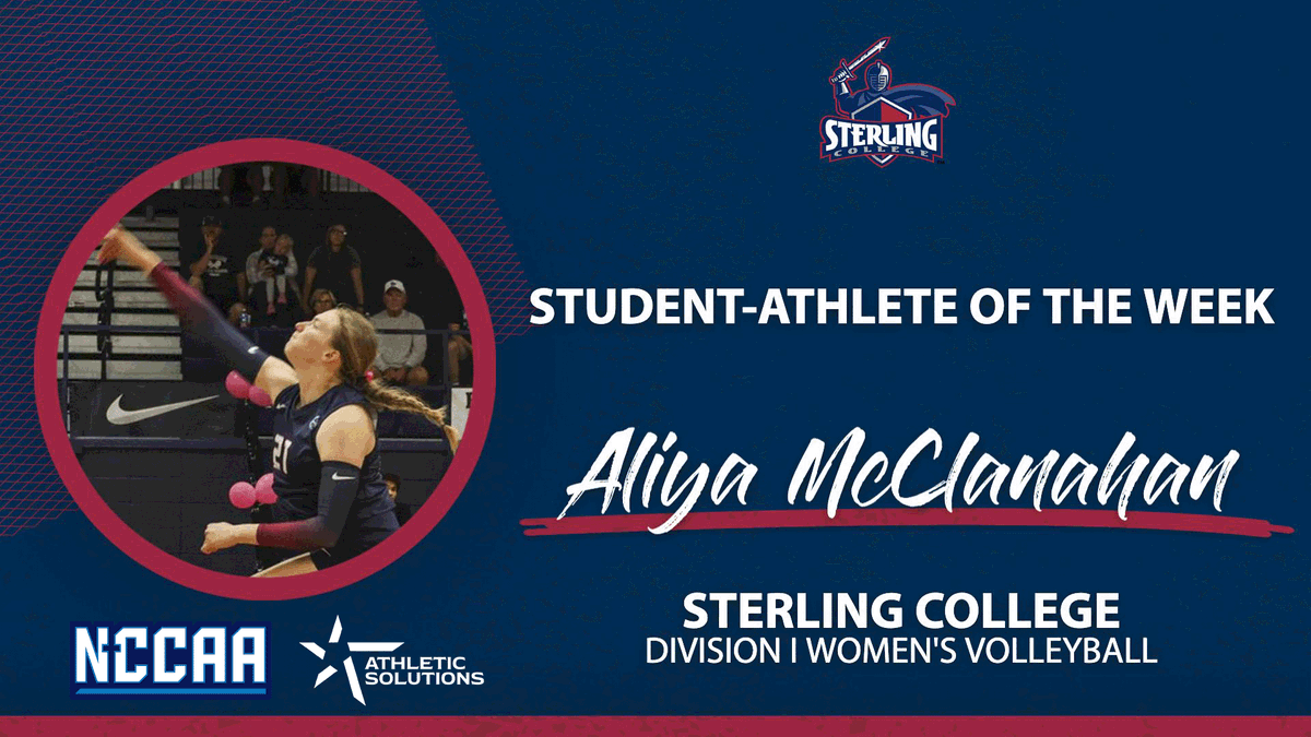 TheNCCAA's tweet photo. 🏐 Student-Athlete of the Week 🏐
Presented by @ath_solutions
Division I Women's #NCCAAVolleyball - Defensive
𝐀𝐥𝐢𝐲𝐚 𝐌𝐜𝐂𝐥𝐚𝐧𝐚𝐡𝐚𝐧, Sterling College
https://t.co/m5suS2TDQs | #PlayforHim https://t.co/uxkyy17EAV