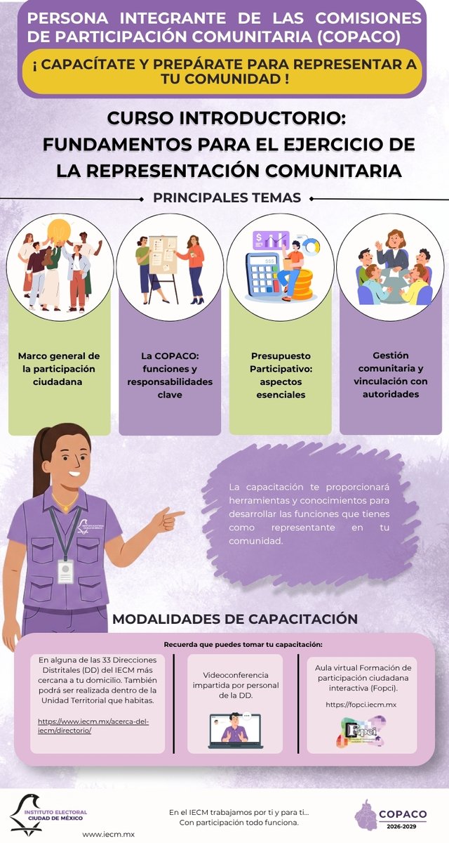 Distrito22IECM's tweet photo. 👫 ¡Prepárate para representar a tu comunidad! 😙
🤩 ¿Eres #COPACO?
💻¡Capacítate!📍Presencial en las DD 🙅o 🖥️ virtual📲: https://t.co/5iEbba7mJN
🤓 El #IECM te invita al📚"Curso Introductorio", podrás🤞reforzar tus conocimientos, a tu propio ritmo.🏁
✨¡Fortalece tu 💪!
#DD22 https://t.co/WMKl9dBmWr