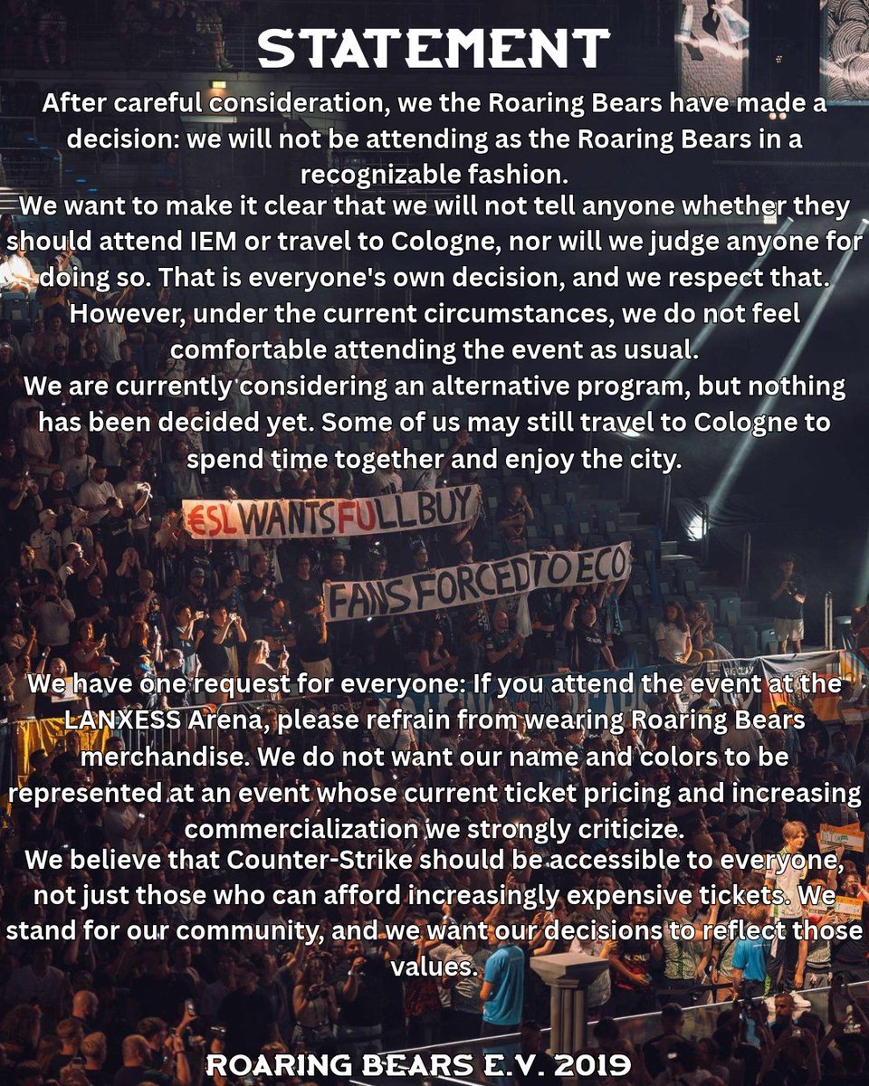 Roaring_Bears's tweet photo. No Bears at #IEM Cologne 2027

Link zum Text in den Kommis 🔽
Text below 🔽 https://t.co/mxNI9vgkmQ