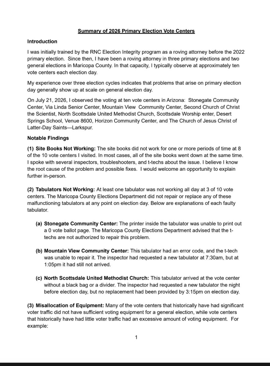 AZDesert_Rose's tweet photo. 🚨ATTENTION AZ Voters: MAGA Attorney responds to Maricopa County Election Issues. 

As a roving Attorney since the 2022 Elections, the problems I observed at 10 vote centers during the July 21, 2026 primary: (See below)

@AzRepGillette @MerissaCaldwell https://t.co/G32SBFWvUb