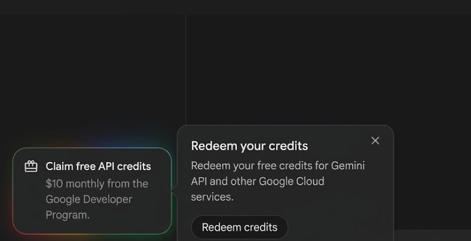 StatsWire's tweet photo. Google AI Pro and Ultra subscribers: you might be leaving up to $100/month in credits unclaimed.

Pro: $10/month
Ultra 5x: $40/month
Ultra 20x: $100/month

One catch: you have to claim them and link Cloud billing yourself. They don't just appear automatically.

Check your credits in Google AI Studio now