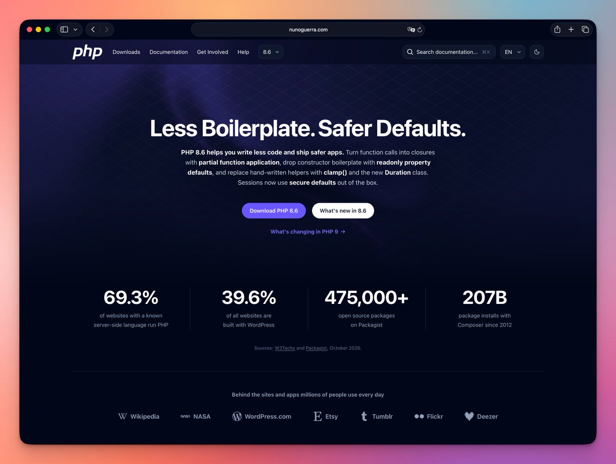 nunowar's tweet photo. Last year my design won the PHP Foundation contest for the PHP 8.5 release page.  

This year I went further, a full redesign proposal for the https://t.co/6DrGHEttNh homepage and docs, built around PHP 8.6. Just for the love of PHP, and for fun.

Preview: https://t.co/deS9P6ILAA 
Code: https://t.co/KkHSz2JBKd