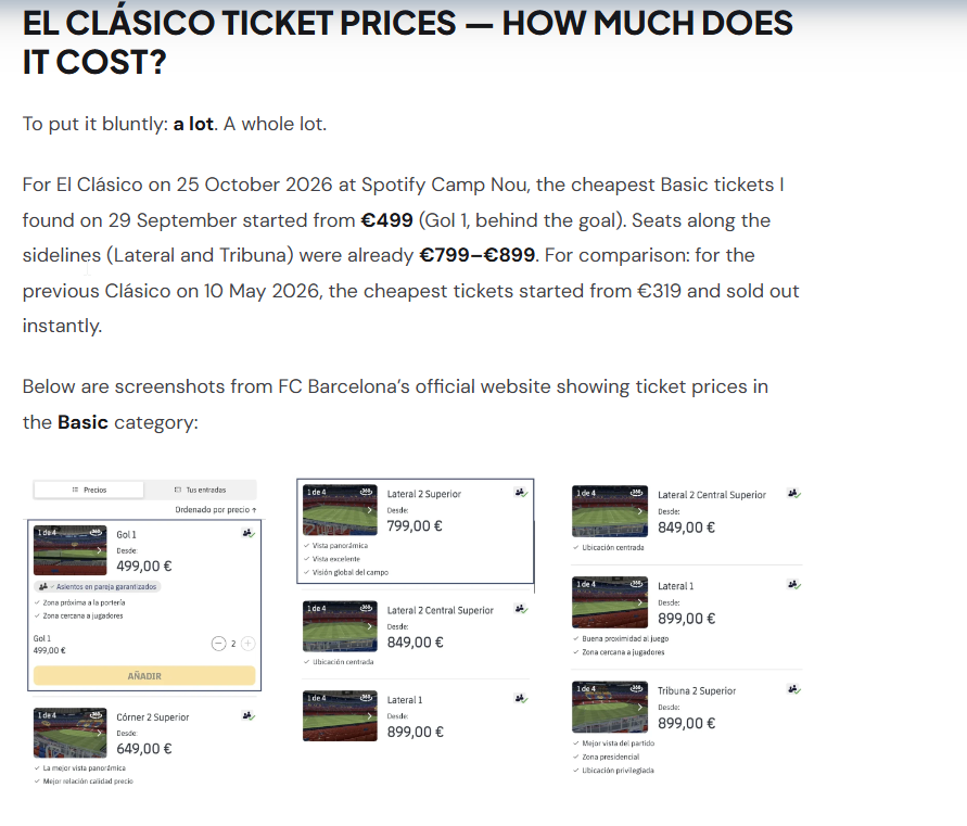 JohnNas93625435's tweet photo. @capuanogio Certo Giovanni certo 

"For El Clásico on 25 October 2026 at Spotify Camp Nou, the cheapest Basic tickets I found on 29 September started from €499" https://t.co/cub2wfjYy7