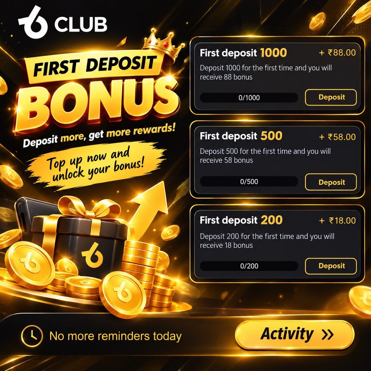 Gemalpha_88's tweet photo. 🎉 INTRODUCING OUR NEWLY LAUNCHED GAME APP! 6 CLUB 🎮

💰 Deposit More, Get More Bonuses!
Enjoy exciting games, instant withdrawal options, and amazing rewards!

🎁 WELCOME DEPOSIT BONUSES
💵 Deposit ₹200 — Get ₹18 Bonus
💵 Deposit ₹500 — Get ₹58 Bonus
💵 Deposit ₹1,000 — Get ₹88 Bonus
💵 Deposit ₹5,000 — Get ₹288 Bonus
💵 Deposit ₹10,000 — Get ₹588 Bonus

🎡 SPIN & WIN! Get a chance to win an iPhone 17 through our Lucky Spin, plus enjoy random bonuses and exciting surprises! 🎁
🔥 Don't Miss Out! Exciting rewards are waiting for you!

📲 Register your account now and claim your bonuses! 🎊 
https://t.co/7qw2Rb1wS2