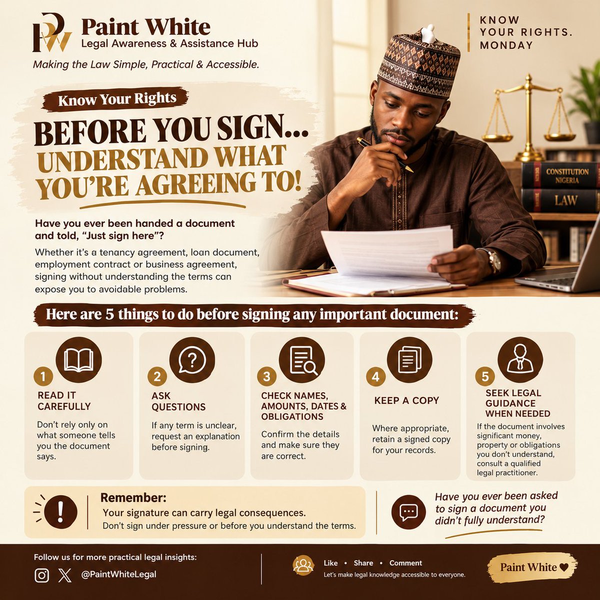 PaintWhite96132's tweet photo. Don't sign just because someone says, “It's nothing serious.”

A tenancy agreement, loan document or business contract may carry obligations you don't expect.

📌 Read. Ask questions. Understand.

Your signature matters! https://t.co/QGA0VjKZ7A