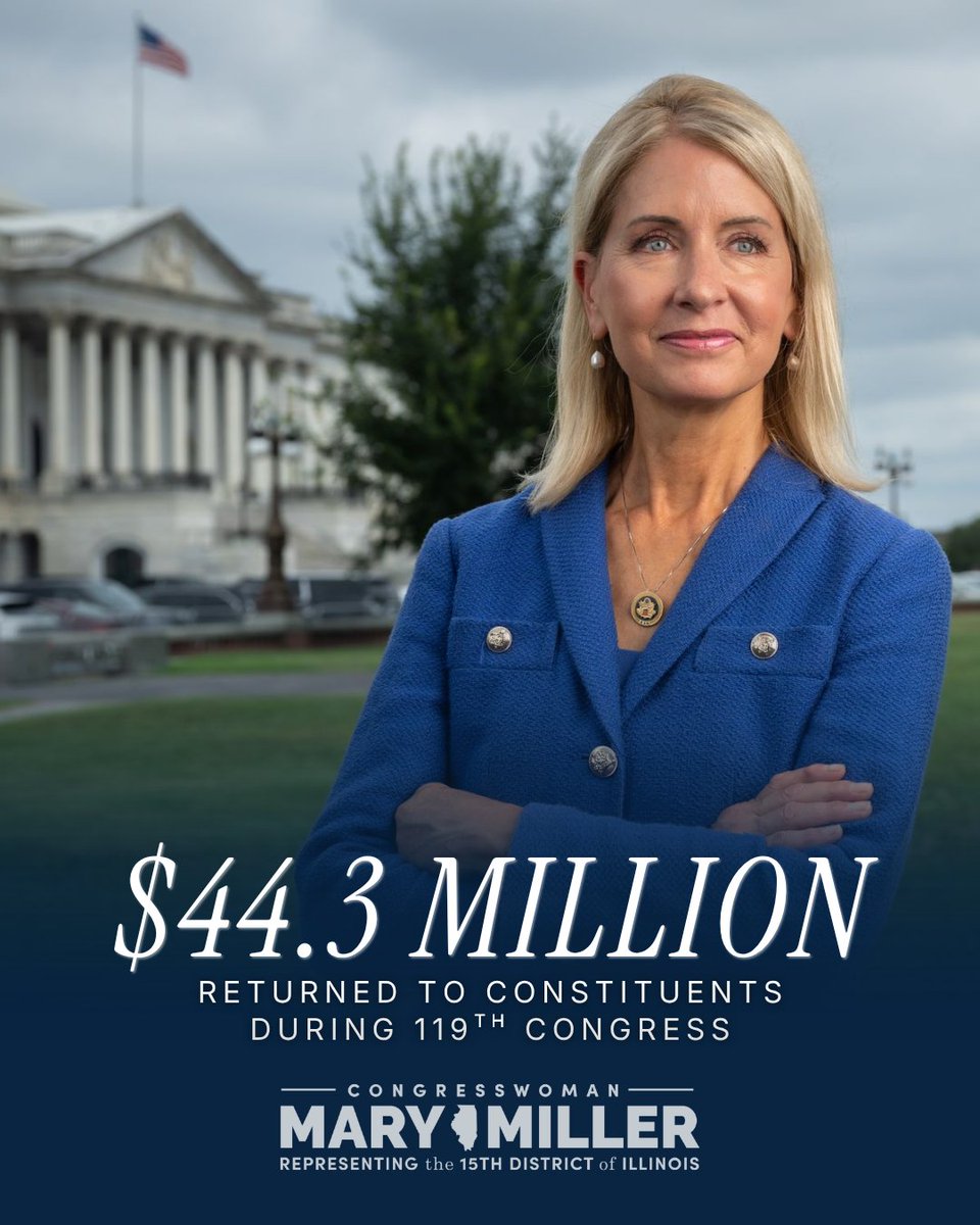 A campaign-style graphic shows a blonde woman in a blue jacket standing with her arms crossed outside a government building, with a U.S. flag in the background. Promotional text appears across the lower portion.