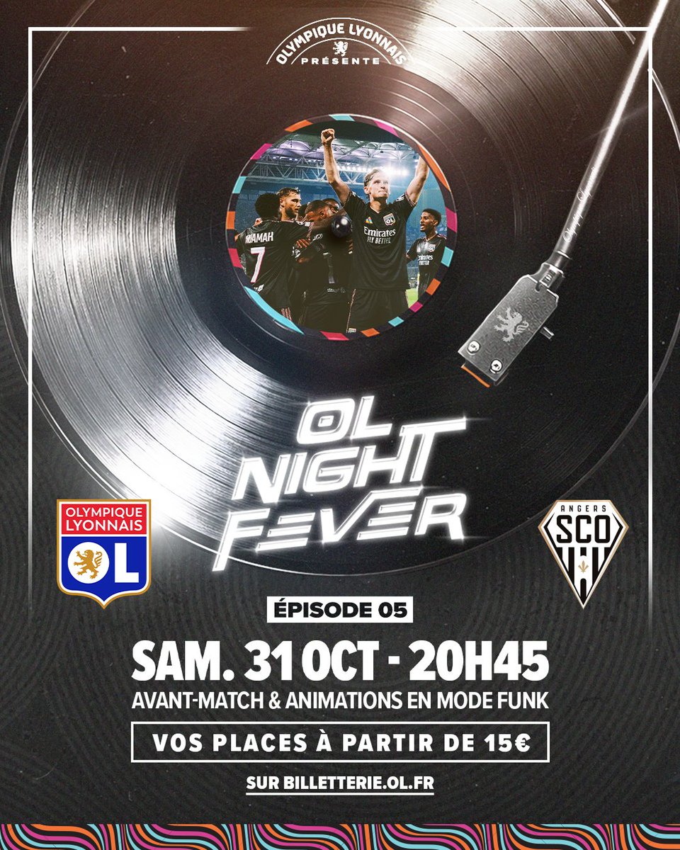OL's tweet photo. 𝐎𝐋 – 𝐀𝐧𝐠𝐞𝐫𝐬 𝐚̀ 𝐩𝐚𝐫𝐭𝐢𝐫 𝐝𝐞 𝐬𝐞𝐮𝐥𝐞𝐦𝐞𝐧𝐭 𝟏𝟓€ !

Samedi à 20h45, vivez une soirée où football et funk se rencontrent au Groupama Stadium, dès 15€. 🕺⚽

Cette année, oubliez Halloween : le 31 octobre se fête en mode 𝐎𝐋 𝐍𝐢𝐠𝐡𝐭 𝐅𝐞𝐯𝐞𝐫 avec DJ, danseurs et animations avant et pendant le match.

Réservez votre place pour OL - Angers dès 15€ ici : https://t.co/7Ttotbx8hk