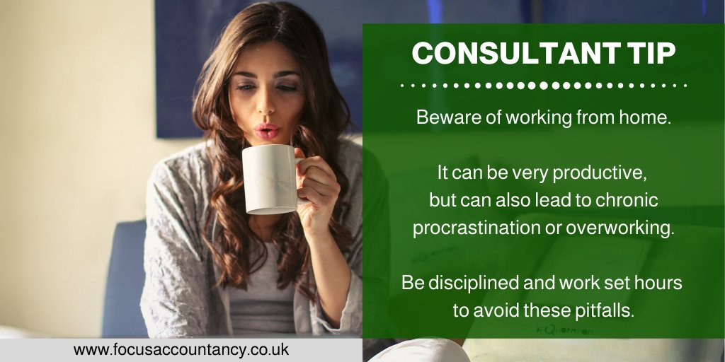 FocusBarry's tweet photo. #consultanttip - Working from home for a few days can be very productive, but long term working from home can lead to chronic procrastination or overworking. Be disciplined and work set hours to avoid these pitfalls. https://t.co/SByIoaVzyH #accountingandaccountants https://t.co/PxZfBeYTvB