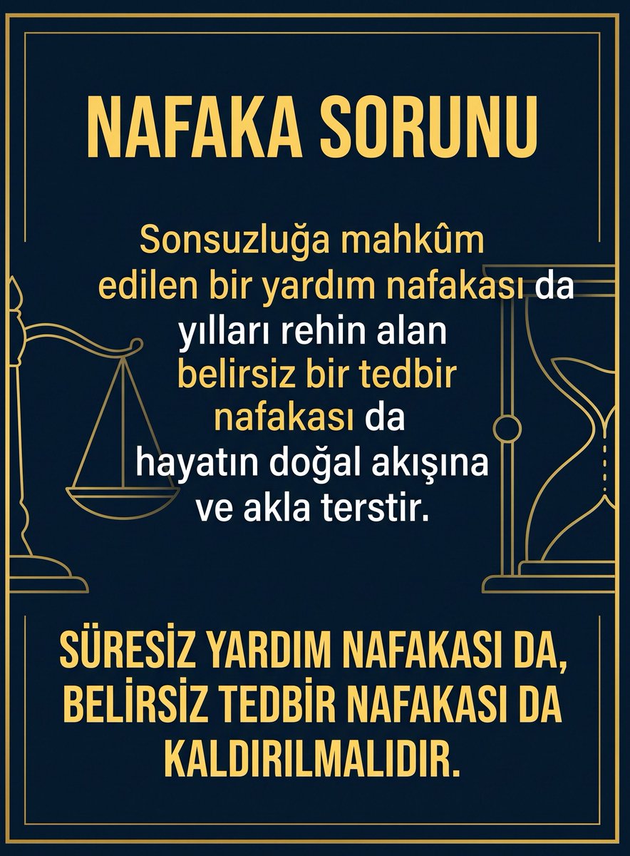 GulerAvukat's tweet photo. NAFAKA SORUNU

🟣Sonsuzluğa mahkûm edilen bir yardım nafakası da yılları rehin alan belirsiz bir tedbir nafakası da hayatın doğal akışına ve akla terstir; SÜRESİZ YARDIM NAFAKASI DA, BELİRSİZ TEDBİR NAFAKASI DA KALDIRILMALIDIR.

 📌SÜRESİZ NAFAKA SORUNU: Türk Medeni Hukukuna Eleştirel Yaklaşımlar(3)
https://t.co/teenp0oNaB

📌TEDBİR NAFAKASININ YARGISAL DENETİMİ SORUNU: Türk Medeni Hukukuna Eleştirel Yaklaşımlar(2)
https://t.co/vP3c9LDA3t