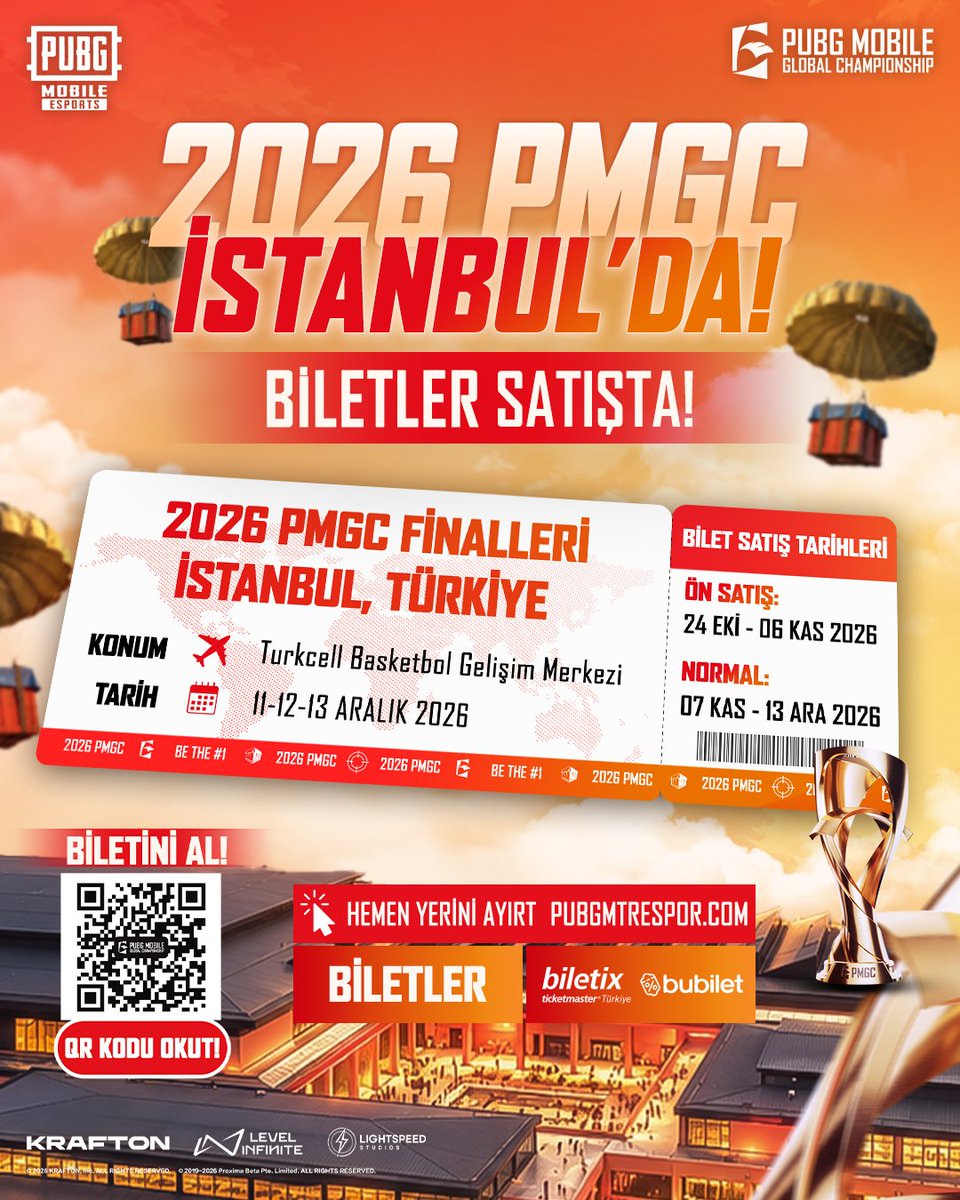 Multiplayer_TV's tweet photo. 11-13 Aralık tarihlerinde İstanbul’da düzenlenecek 2026 PUBG MOBILE Global Championship (PMGC) Büyük Finali’nin biletleri, 24 Ekim Cumartesi günü saat 13.00 itibarıyla erken dönem avantajlarıyla satışa çıktı. 6 Kasım’a kadar geçerli olacak özel fiyatların ardından, normal dönem bilet satışları 7 Kasım’da başlayacak. 📆